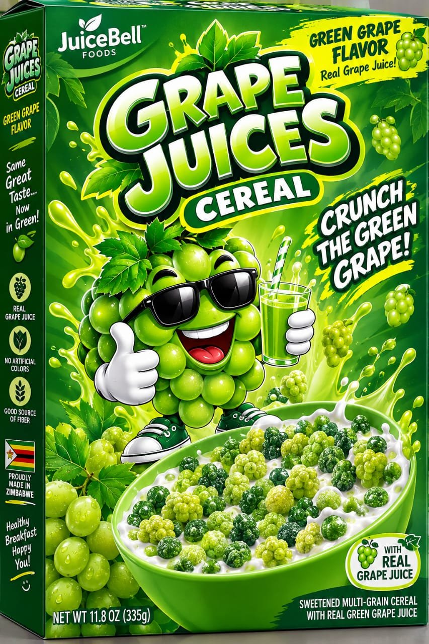 Grape Juices Cereal box, green grape flavor