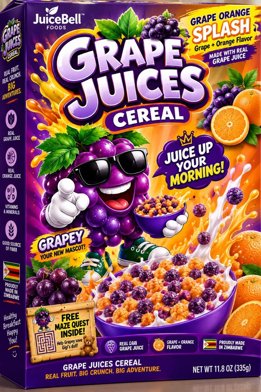 Grape Juices Cereal box, Grape Orange Splash flavor