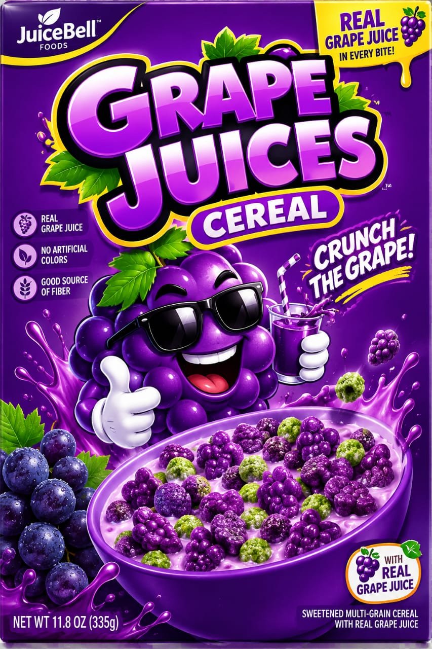 Grape Juices Cereal box, purple grape flavor