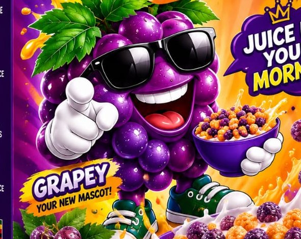 Original Grapey, wearing sunglasses, white gloves and red shoes, holding a bowl of cereal